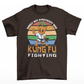 Brown t-shirt of a kung fu carrot in front of a retro sun with text around SURELY NOT EVERYBODY WAS KUNG FU FIGHTING.