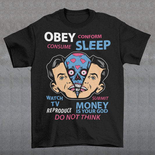Introducing our bold and thought-provoking t-shirt design, featuring an extraterrestrial creature removing a human face with the words "Obey, Submit, Conform, Consume, Money is your God" boldly emblazoned across the front. This striking design serves as a powerful reminder of the dangers of blindly following societal norms and expectations, and the all-consuming nature of money and consumerism in our modern world.