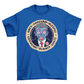 Royal blue t-shirt with alien president with text "OBEY, CONFORM, SLEEP, CONSUME, SUBMIT".