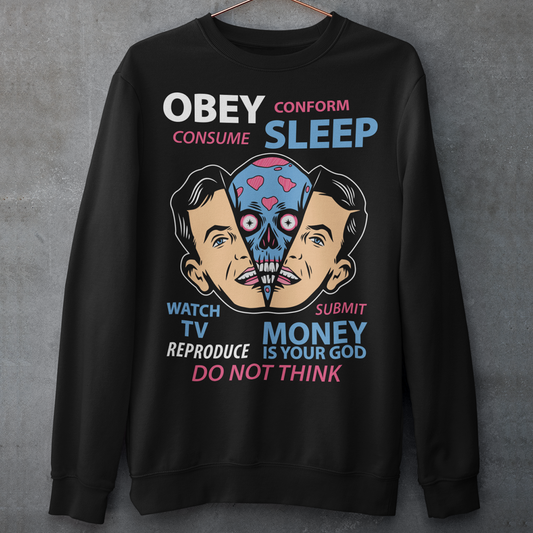 Introducing our bold and thought-provoking sweatshirt design, featuring an extraterrestrial creature removing a human face with the words "Obey, Submit, Conform, Consume, Money is your God" boldly emblazoned across the front. This striking design serves as a powerful reminder of the dangers of blindly following societal norms and expectations, and the all-consuming nature of money and consumerism in our modern world.