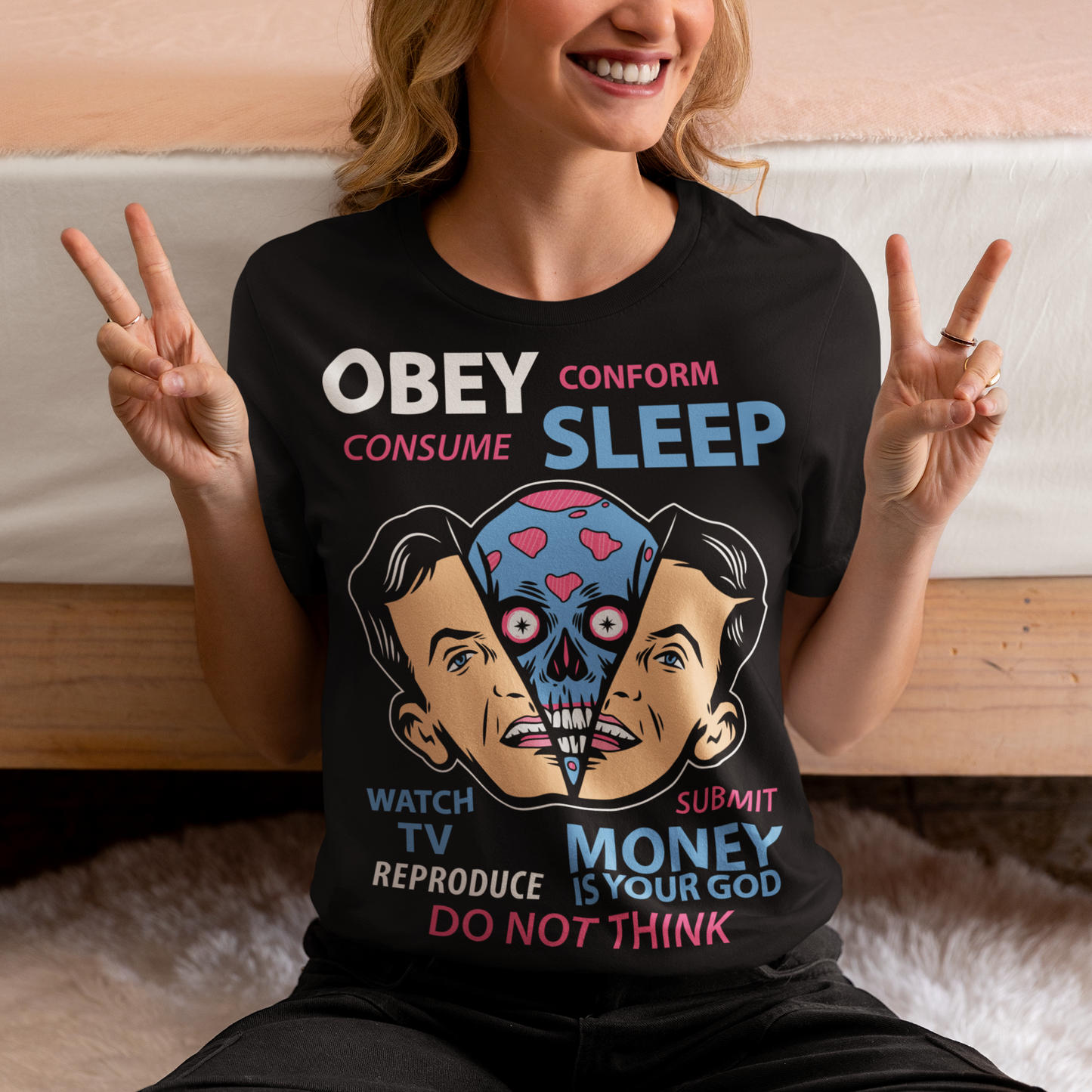 Introducing our bold and thought-provoking t-shirt design, featuring an extraterrestrial creature removing a human face with the words "Obey, Submit, Conform, Consume, Money is your God" boldly emblazoned across the front. This striking design serves as a powerful reminder of the dangers of blindly following societal norms and expectations, and the all-consuming nature of money and consumerism in our modern world.