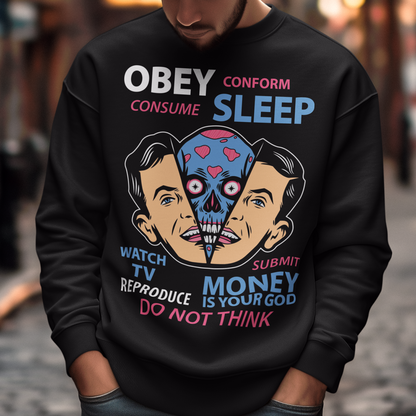 Introducing our bold and thought-provoking sweatshirt design, featuring an extraterrestrial creature removing a human face with the words "Obey, Submit, Conform, Consume, Money is your God" boldly emblazoned across the front. This striking design serves as a powerful reminder of the dangers of blindly following societal norms and expectations, and the all-consuming nature of money and consumerism in our modern world.