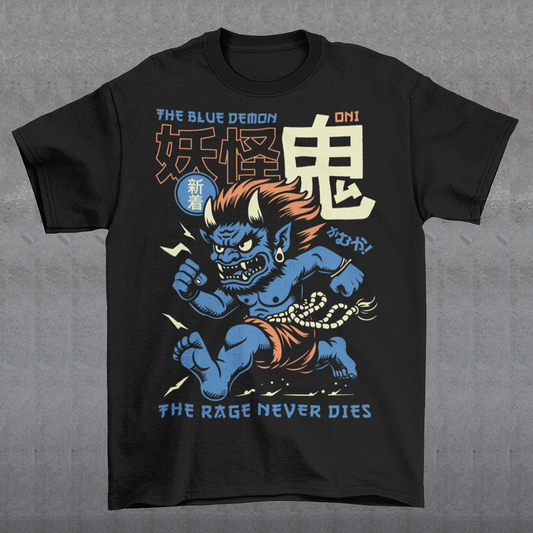 Bold, fierce, and unstoppable — this dynamic tee features a powerful Japanese Oni mid-sprint, eyes blazing and muscles tense with fury. Above the image, bold text declares "THE BLUE DEMON", while below, a chilling reminder reads: "THE RAGE NEVER DIES". This shirt captures the raw energy and mythic wrath of the Oni spirit — perfect for those who embrace intensity and never back down.
