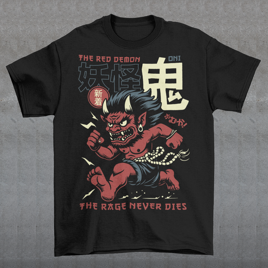 Bold, fierce, and unstoppable — this dynamic tee features a powerful Japanese Oni mid-sprint, eyes blazing and muscles tense with fury. Above the image, bold text declares "THE RED DEMON", while below, a chilling reminder reads: "THE RAGE NEVER DIES". This shirt captures the raw energy and mythic wrath of the Oni spirit — perfect for those who embrace intensity and never back down.