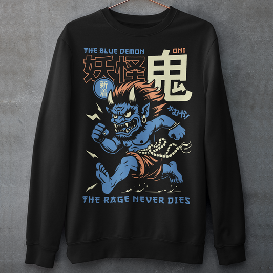 Bold, fierce, and unstoppable — this dynamic sweatshirt features a powerful Japanese Oni mid-sprint, eyes blazing and muscles tense with fury. Above the image, bold text declares "THE PINK DEMON", while below, a chilling reminder reads: "THE RAGE NEVER DIES". This shirt captures the raw energy and mythic wrath of the Oni spirit — perfect for those who embrace intensity and never back down.