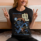 Bold, fierce, and unstoppable — this dynamic tee features a powerful Japanese Oni mid-sprint, eyes blazing and muscles tense with fury. Above the image, bold text declares "THE BLUE DEMON", while below, a chilling reminder reads: "THE RAGE NEVER DIES". This shirt captures the raw energy and mythic wrath of the Oni spirit — perfect for those who embrace intensity and never back down.