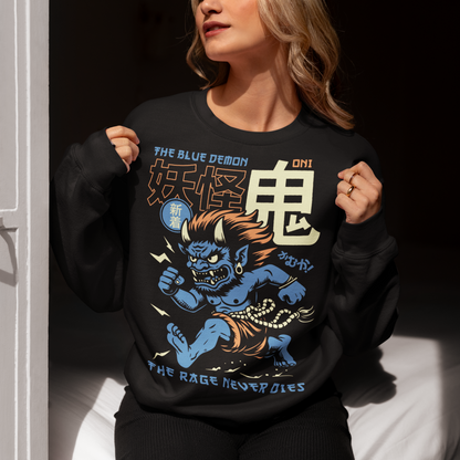 Bold, fierce, and unstoppable — this dynamic sweatshirt features a powerful Japanese Oni mid-sprint, eyes blazing and muscles tense with fury. Above the image, bold text declares "THE PINK DEMON", while below, a chilling reminder reads: "THE RAGE NEVER DIES". This shirt captures the raw energy and mythic wrath of the Oni spirit — perfect for those who embrace intensity and never back down.