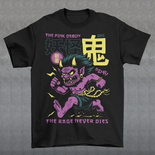 Bold, fierce, and unstoppable — this dynamic tee features a powerful Japanese Oni mid-sprint, eyes blazing and muscles tense with fury. Above the image, bold text declares "THE PINK DEMON", while below, a chilling reminder reads: "THE RAGE NEVER DIES". This shirt captures the raw energy and mythic wrath of the Oni spirit — perfect for those who embrace intensity and never back down.