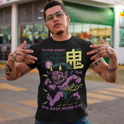 Bold, fierce, and unstoppable — this dynamic tee features a powerful Japanese Oni mid-sprint, eyes blazing and muscles tense with fury. Above the image, bold text declares "THE PINK DEMON", while below, a chilling reminder reads: "THE RAGE NEVER DIES". This shirt captures the raw energy and mythic wrath of the Oni spirit — perfect for those who embrace intensity and never back down.