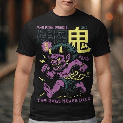 Bold, fierce, and unstoppable — this dynamic tee features a powerful Japanese Oni mid-sprint, eyes blazing and muscles tense with fury. Above the image, bold text declares "THE PINK DEMON", while below, a chilling reminder reads: "THE RAGE NEVER DIES". This shirt captures the raw energy and mythic wrath of the Oni spirit — perfect for those who embrace intensity and never back down.