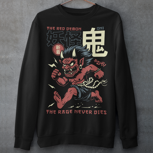 Bold, fierce, and unstoppable — this dynamic sweatshirt features a powerful Japanese Oni mid-sprint, eyes blazing and muscles tense with fury. Above the image, bold text declares "THE PINK DEMON", while below, a chilling reminder reads: "THE RAGE NEVER DIES". This shirt captures the raw energy and mythic wrath of the Oni spirit — perfect for those who embrace intensity and never back down.