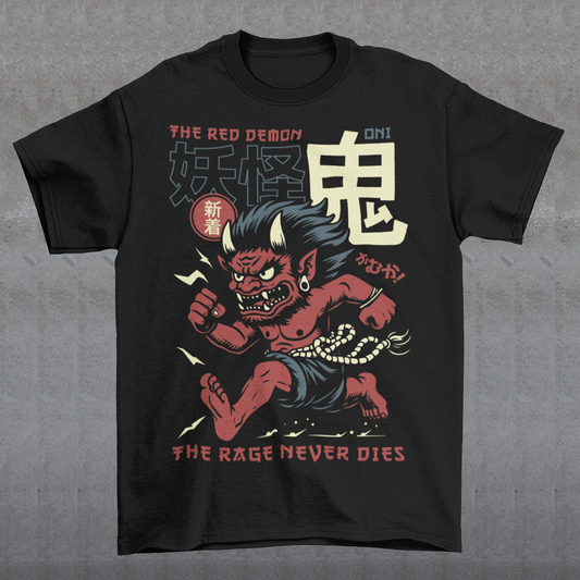 Bold, fierce, and unstoppable — this dynamic tee features a powerful Japanese Oni mid-sprint, eyes blazing and muscles tense with fury. Above the image, bold text declares "THE RED DEMON", while below, a chilling reminder reads: "THE RAGE NEVER DIES". This shirt captures the raw energy and mythic wrath of the Oni spirit — perfect for those who embrace intensity and never back down.