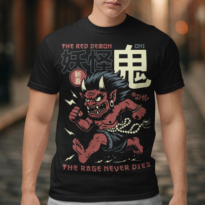 Bold, fierce, and unstoppable — this dynamic tee features a powerful Japanese Oni mid-sprint, eyes blazing and muscles tense with fury. Above the image, bold text declares "THE RED DEMON", while below, a chilling reminder reads: "THE RAGE NEVER DIES". This shirt captures the raw energy and mythic wrath of the Oni spirit — perfect for those who embrace intensity and never back down.
