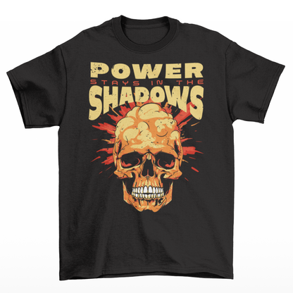 Black t-shirt of a skull atomic bomb with J.R. OPPENHEIMER quote "POWER STAYS IN THE SHADOWS".