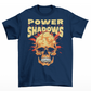 Navy t-shirt of a skull atomic bomb with J.R. OPPENHEIMER quote "POWER STAYS IN THE SHADOWS".