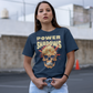 Navy t-shirt of a skull atomic bomb with J.R. OPPENHEIMER quote "POWER STAYS IN THE SHADOWS".