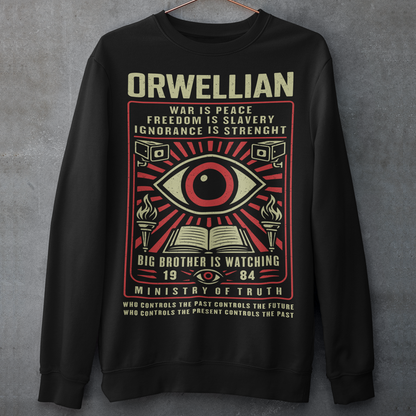 This black Sweatshirt channels the unsettling spirit of George Orwell’s 1984 with bold, high-contrast artwork and iconic slogans that refuse to whisper. The all-seeing eye dominates the design, flanked by surveillance cameras, burning torches, and an open book, a visual chorus of control, truth, and resistance. Phrases like “War Is Peace,” “Freedom Is Slavery,” and “Ignorance Is Strength” sit beneath the unmistakable warning: Big Brother Is Watching.
