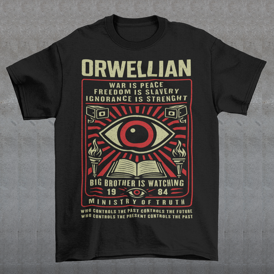 This black shirt channels the unsettling spirit of George Orwell’s 1984 with bold, high-contrast artwork and iconic slogans that refuse to whisper. The all-seeing eye dominates the design, flanked by surveillance cameras, burning torches, and an open book, a visual chorus of control, truth, and resistance. Phrases like “War Is Peace,” “Freedom Is Slavery,” and “Ignorance Is Strength” sit beneath the unmistakable warning: Big Brother Is Watching.