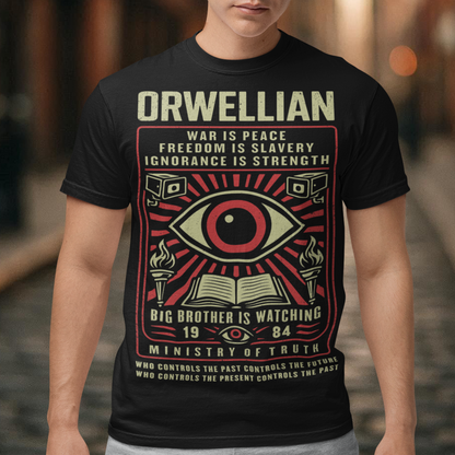 This black shirt channels the unsettling spirit of George Orwell’s 1984 with bold, high-contrast artwork and iconic slogans that refuse to whisper. The all-seeing eye dominates the design, flanked by surveillance cameras, burning torches, and an open book, a visual chorus of control, truth, and resistance. Phrases like “War Is Peace,” “Freedom Is Slavery,” and “Ignorance Is Strength” sit beneath the unmistakable warning: Big Brother Is Watching.