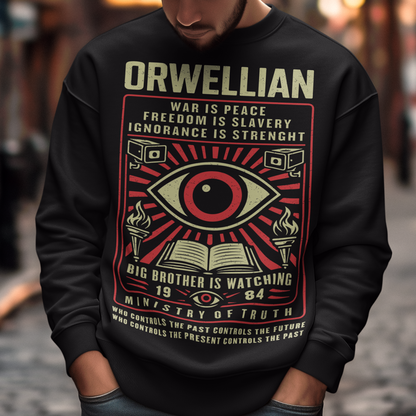 This black Sweatshirt channels the unsettling spirit of George Orwell’s 1984 with bold, high-contrast artwork and iconic slogans that refuse to whisper. The all-seeing eye dominates the design, flanked by surveillance cameras, burning torches, and an open book, a visual chorus of control, truth, and resistance. Phrases like “War Is Peace,” “Freedom Is Slavery,” and “Ignorance Is Strength” sit beneath the unmistakable warning: Big Brother Is Watching.
