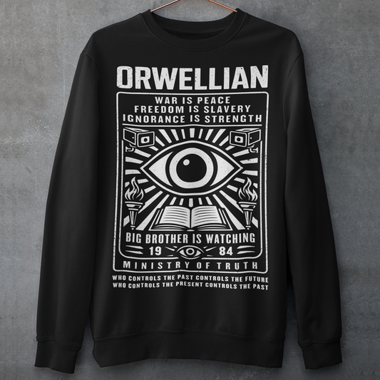 This black Sweatshirt channels the unsettling spirit of George Orwell’s 1984 with bold, high-contrast artwork and iconic slogans that refuse to whisper. The all-seeing eye dominates the design, flanked by surveillance cameras, burning torches, and an open book, a visual chorus of control, truth, and resistance. Phrases like “War Is Peace,” “Freedom Is Slavery,” and “Ignorance Is Strength” sit beneath the unmistakable warning: Big Brother Is Watching.