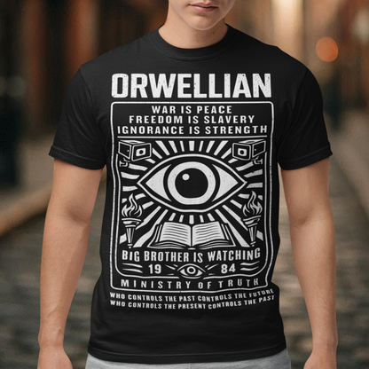 This black shirt channels the unsettling spirit of George Orwell’s 1984 with bold, high-contrast artwork and iconic slogans that refuse to whisper. The all-seeing eye dominates the design, flanked by surveillance cameras, burning torches, and an open book, a visual chorus of control, truth, and resistance. Phrases like “War Is Peace,” “Freedom Is Slavery,” and “Ignorance Is Strength” sit beneath the unmistakable warning: Big Brother Is Watching.