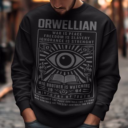 This black Sweatshirt channels the unsettling spirit of George Orwell’s 1984 with bold, high-contrast artwork and iconic slogans that refuse to whisper. The all-seeing eye dominates the design, flanked by surveillance cameras, burning torches, and an open book, a visual chorus of control, truth, and resistance. Phrases like “War Is Peace,” “Freedom Is Slavery,” and “Ignorance Is Strength” sit beneath the unmistakable warning: Big Brother Is Watching.