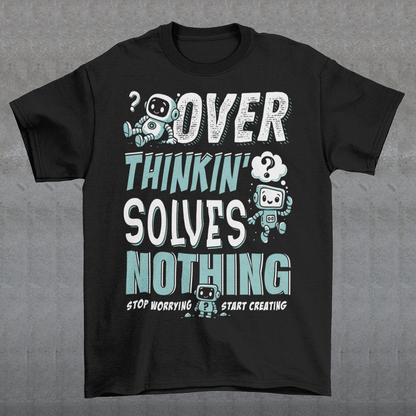 Break the cycle of overthinking in style with this uplifting graphic tee featuring adorable retro robots and the bold message: “Over Thinkin’ Solves Nothing — Stop Worrying, Start Creating.” This design blends playful charm with a motivating reminder to take action instead of stressing. Perfect for artists, students, creators, or anyone who needs a boost of encouragement, this tee makes a thoughtful gift and a daily wearable mantra.