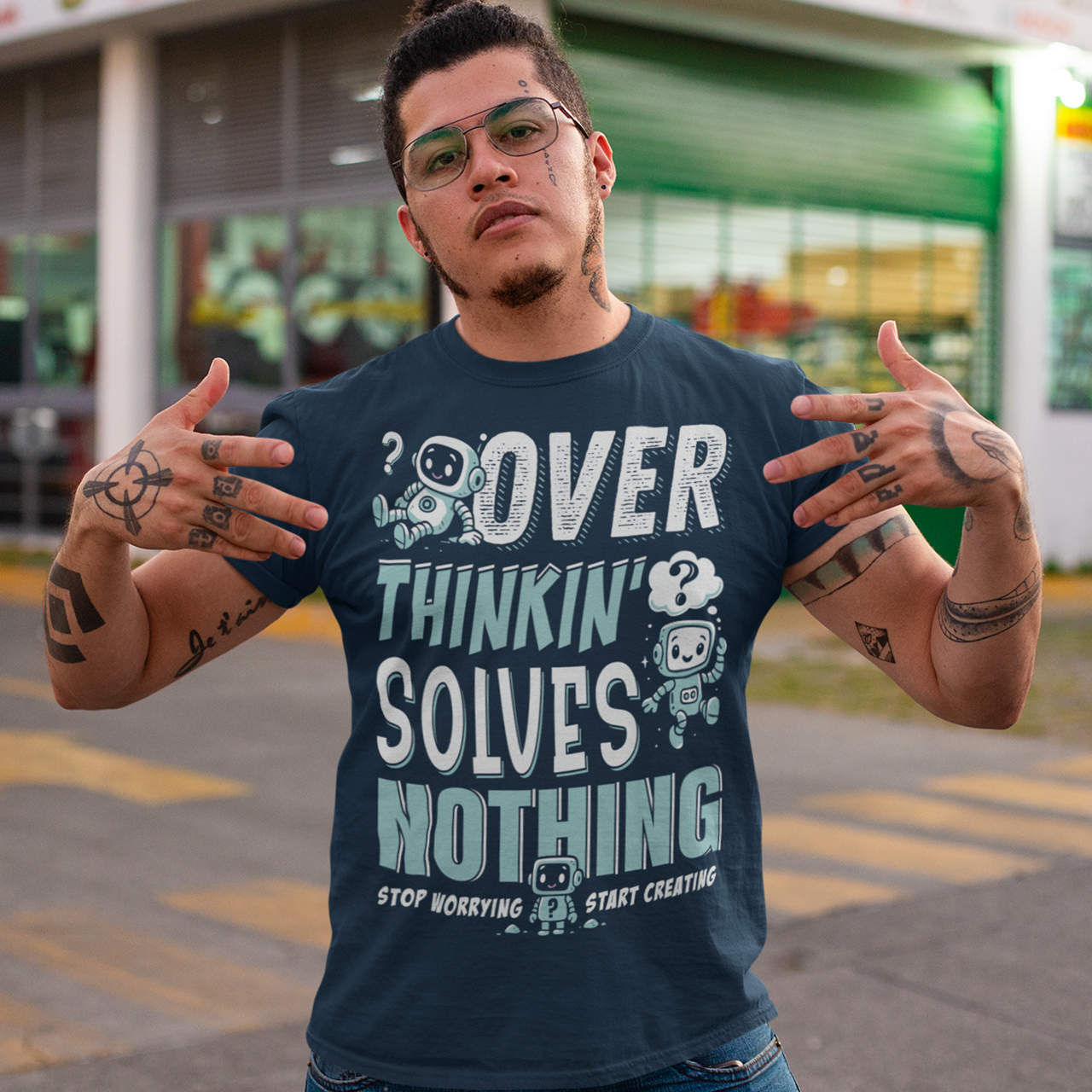 Break the cycle of overthinking in style with this uplifting graphic tee featuring adorable retro robots and the bold message: “Over Thinkin’ Solves Nothing — Stop Worrying, Start Creating.” This design blends playful charm with a motivating reminder to take action instead of stressing. Perfect for artists, students, creators, or anyone who needs a boost of encouragement, this tee makes a thoughtful gift and a daily wearable mantra.