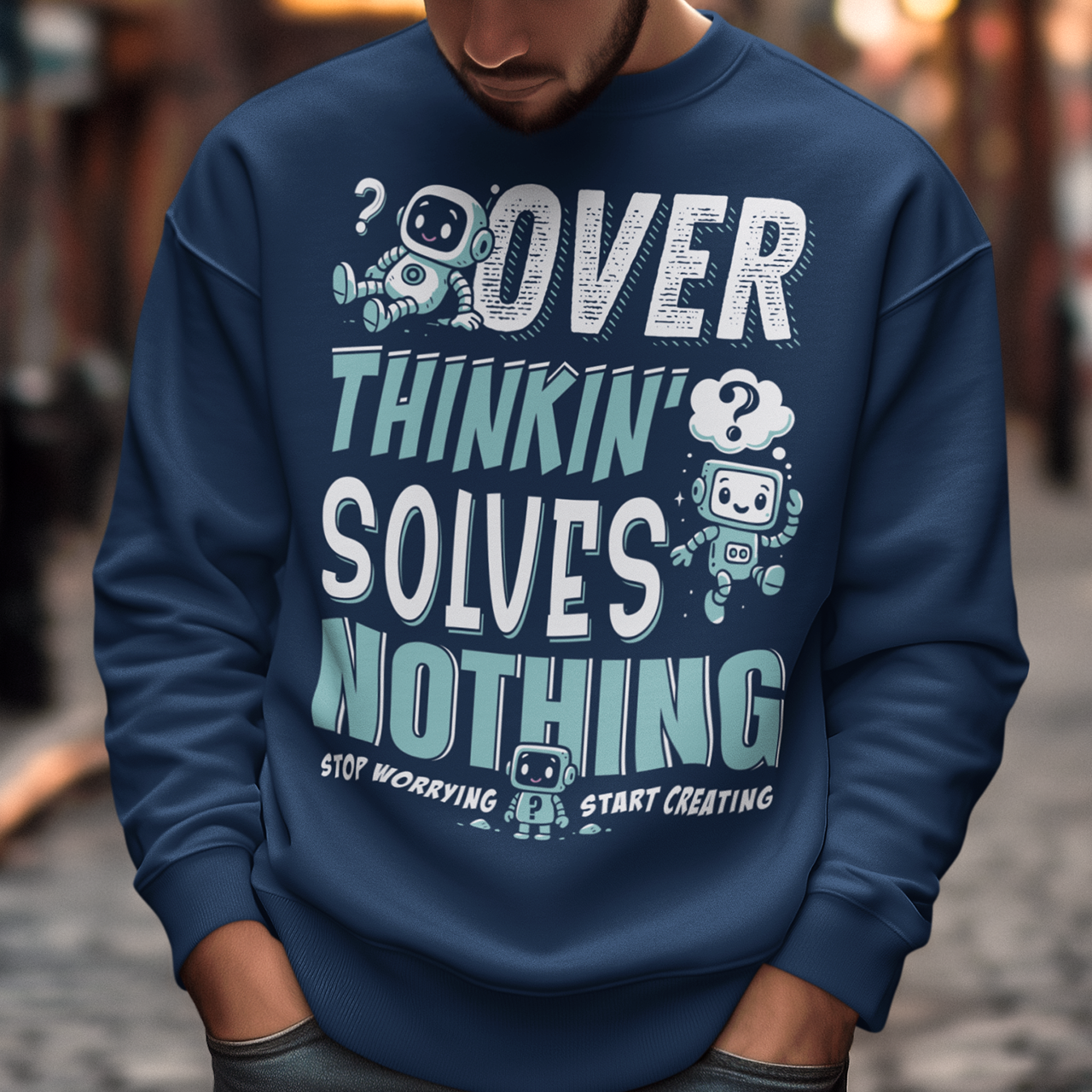 Break the cycle of overthinking in style with this uplifting graphic sweatshirt featuring adorable retro robots and the bold message: “Over Thinkin’ Solves Nothing — Stop Worrying, Start Creating.” This design blends playful charm with a motivating reminder to take action instead of stressing. Perfect for artists, students, creators, or anyone who needs a boost of encouragement, this shirt makes a thoughtful gift and a daily wearable mantra.