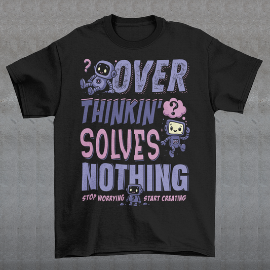 Break the cycle of overthinking in style with this uplifting graphic tee featuring adorable retro robots and the bold message: “Over Thinkin’ Solves Nothing — Stop Worrying, Start Creating.” This design blends playful charm with a motivating reminder to take action instead of stressing. Perfect for artists, students, creators, or anyone who needs a boost of encouragement, this tee makes a thoughtful gift and a daily wearable mantra.