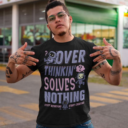 Break the cycle of overthinking in style with this uplifting graphic tee featuring adorable retro robots and the bold message: “Over Thinkin’ Solves Nothing — Stop Worrying, Start Creating.” This design blends playful charm with a motivating reminder to take action instead of stressing. Perfect for artists, students, creators, or anyone who needs a boost of encouragement, this tee makes a thoughtful gift and a daily wearable mantra.