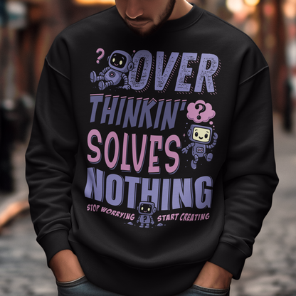 Break the cycle of overthinking in style with this uplifting graphic sweatshirt featuring adorable retro robots and the bold message: “Over Thinkin’ Solves Nothing — Stop Worrying, Start Creating.” This design blends playful charm with a motivating reminder to take action instead of stressing. Perfect for artists, students, creators, or anyone who needs a boost of encouragement, this shirt makes a thoughtful gift and a daily wearable mantra.