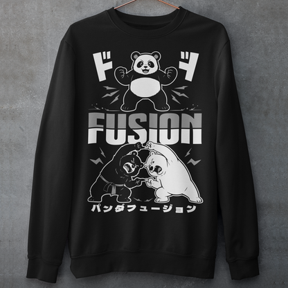 Unleash adorable power with this bold and playful Panda Fusion sweatshirt, where cute meets epic in the best way possible. Featuring a black bear and polar bear mid-transformation, this design captures a dynamic “fusion” moment inspired by anime energy, complete with action poses and stylized Japanese text for an extra punch of attitude. It’s the perfect blend of cute and powerful, making it ideal for fans of pandas, anime culture, martial arts themes, and clever parody designs.