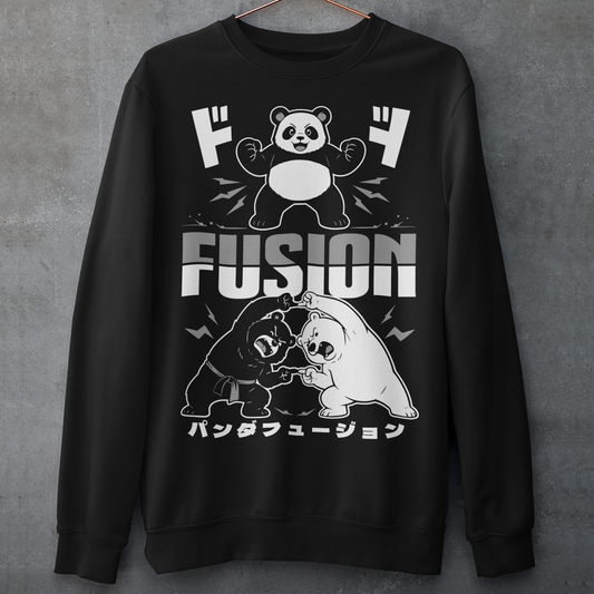 Unleash adorable power with this bold and playful Panda Fusion sweatshirt, where cute meets epic in the best way possible. Featuring a black bear and polar bear mid-transformation, this design captures a dynamic “fusion” moment inspired by anime energy, complete with action poses and stylized Japanese text for an extra punch of attitude. It’s the perfect blend of cute and powerful, making it ideal for fans of pandas, anime culture, martial arts themes, and clever parody designs.