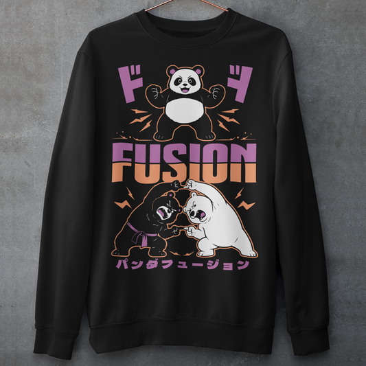 Unleash adorable power with this bold and playful Panda Fusion sweatshirt, where cute meets epic in the best way possible. Featuring a black bear and polar bear mid-transformation, this design captures a dynamic “fusion” moment inspired by anime energy, complete with action poses and stylized Japanese text for an extra punch of attitude. It’s the perfect blend of cute and powerful, making it ideal for fans of pandas, anime culture, martial arts themes, and clever parody designs.