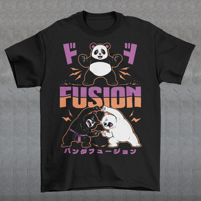 Unleash adorable power with this bold and playful Panda Fusion t-shirt, where cute meets epic in the best way possible. Featuring a black bear and polar bear mid-transformation, this design captures a dynamic “fusion” moment inspired by anime energy, complete with action poses and stylized Japanese text for an extra punch of attitude. It’s the perfect blend of cute and powerful, making it ideal for fans of pandas, anime culture, martial arts themes, and clever parody designs.