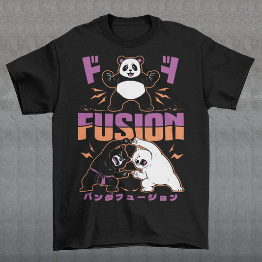 Unleash adorable power with this bold and playful Panda Fusion t-shirt, where cute meets epic in the best way possible. Featuring a black bear and polar bear mid-transformation, this design captures a dynamic “fusion” moment inspired by anime energy, complete with action poses and stylized Japanese text for an extra punch of attitude. It’s the perfect blend of cute and powerful, making it ideal for fans of pandas, anime culture, martial arts themes, and clever parody designs.