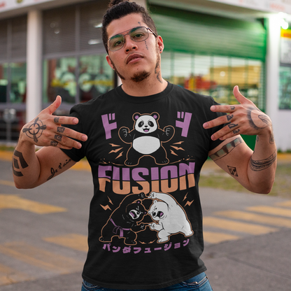 Unleash adorable power with this bold and playful Panda Fusion t-shirt, where cute meets epic in the best way possible. Featuring a black bear and polar bear mid-transformation, this design captures a dynamic “fusion” moment inspired by anime energy, complete with action poses and stylized Japanese text for an extra punch of attitude. It’s the perfect blend of cute and powerful, making it ideal for fans of pandas, anime culture, martial arts themes, and clever parody designs.
