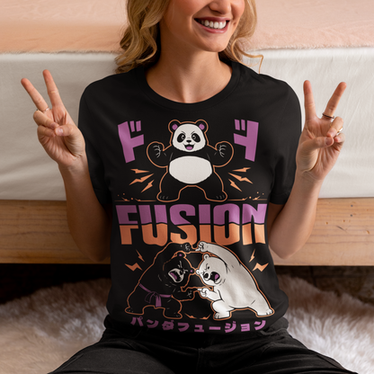 Unleash adorable power with this bold and playful Panda Fusion t-shirt, where cute meets epic in the best way possible. Featuring a black bear and polar bear mid-transformation, this design captures a dynamic “fusion” moment inspired by anime energy, complete with action poses and stylized Japanese text for an extra punch of attitude. It’s the perfect blend of cute and powerful, making it ideal for fans of pandas, anime culture, martial arts themes, and clever parody designs.