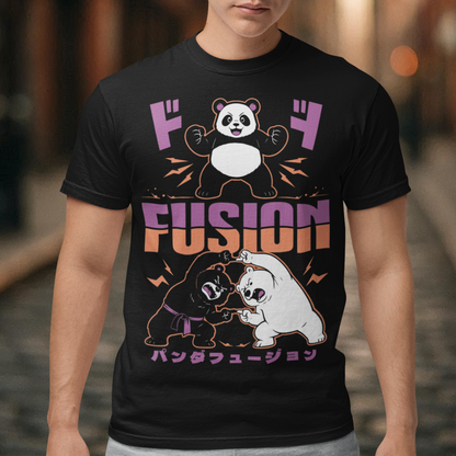 Unleash adorable power with this bold and playful Panda Fusion t-shirt, where cute meets epic in the best way possible. Featuring a black bear and polar bear mid-transformation, this design captures a dynamic “fusion” moment inspired by anime energy, complete with action poses and stylized Japanese text for an extra punch of attitude. It’s the perfect blend of cute and powerful, making it ideal for fans of pandas, anime culture, martial arts themes, and clever parody designs.
