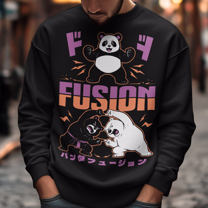 Unleash adorable power with this bold and playful Panda Fusion sweatshirt, where cute meets epic in the best way possible. Featuring a black bear and polar bear mid-transformation, this design captures a dynamic “fusion” moment inspired by anime energy, complete with action poses and stylized Japanese text for an extra punch of attitude. It’s the perfect blend of cute and powerful, making it ideal for fans of pandas, anime culture, martial arts themes, and clever parody designs.