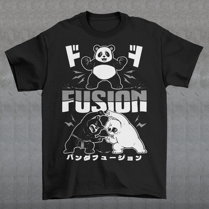 Unleash adorable power with this bold and playful Panda Fusion t-shirt, where cute meets epic in the best way possible. Featuring a black bear and polar bear mid-transformation, this design captures a dynamic “fusion” moment inspired by anime energy, complete with action poses and stylized Japanese text for an extra punch of attitude. It’s the perfect blend of cute and powerful, making it ideal for fans of pandas, anime culture, martial arts themes, and clever parody designs.