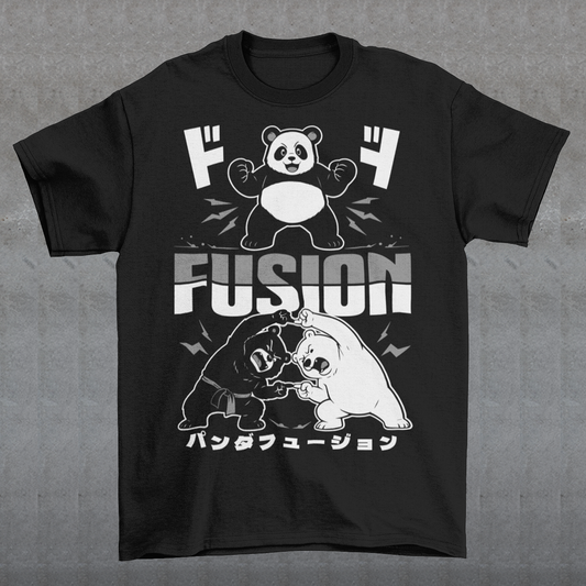 Unleash adorable power with this bold and playful Panda Fusion t-shirt, where cute meets epic in the best way possible. Featuring a black bear and polar bear mid-transformation, this design captures a dynamic “fusion” moment inspired by anime energy, complete with action poses and stylized Japanese text for an extra punch of attitude. It’s the perfect blend of cute and powerful, making it ideal for fans of pandas, anime culture, martial arts themes, and clever parody designs.