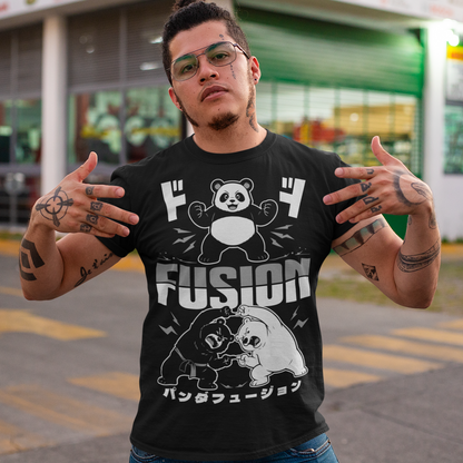 Unleash adorable power with this bold and playful Panda Fusion t-shirt, where cute meets epic in the best way possible. Featuring a black bear and polar bear mid-transformation, this design captures a dynamic “fusion” moment inspired by anime energy, complete with action poses and stylized Japanese text for an extra punch of attitude. It’s the perfect blend of cute and powerful, making it ideal for fans of pandas, anime culture, martial arts themes, and clever parody designs.