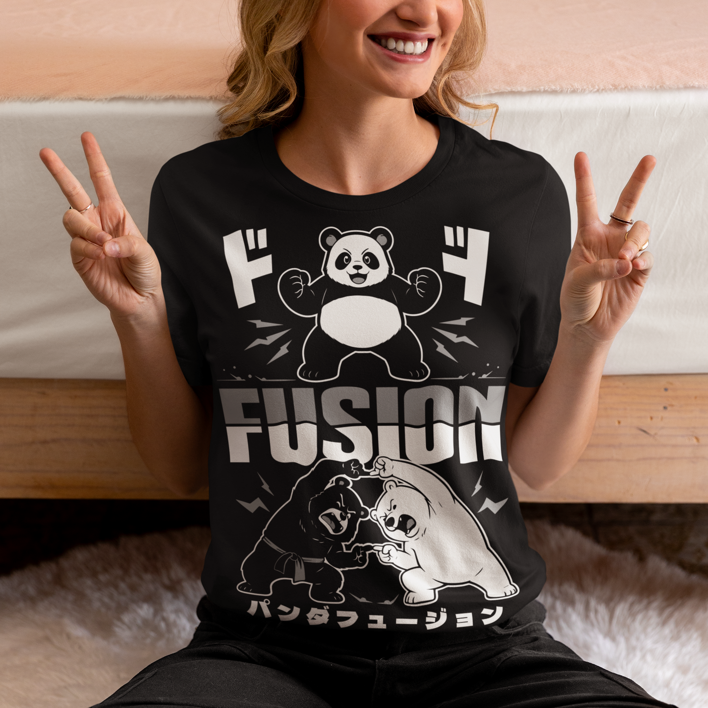 Unleash adorable power with this bold and playful Panda Fusion t-shirt, where cute meets epic in the best way possible. Featuring a black bear and polar bear mid-transformation, this design captures a dynamic “fusion” moment inspired by anime energy, complete with action poses and stylized Japanese text for an extra punch of attitude. It’s the perfect blend of cute and powerful, making it ideal for fans of pandas, anime culture, martial arts themes, and clever parody designs.