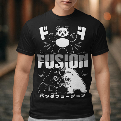 Unleash adorable power with this bold and playful Panda Fusion t-shirt, where cute meets epic in the best way possible. Featuring a black bear and polar bear mid-transformation, this design captures a dynamic “fusion” moment inspired by anime energy, complete with action poses and stylized Japanese text for an extra punch of attitude. It’s the perfect blend of cute and powerful, making it ideal for fans of pandas, anime culture, martial arts themes, and clever parody designs.