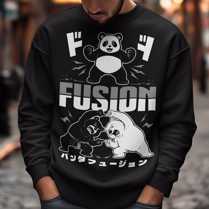 Unleash adorable power with this bold and playful Panda Fusion sweatshirt, where cute meets epic in the best way possible. Featuring a black bear and polar bear mid-transformation, this design captures a dynamic “fusion” moment inspired by anime energy, complete with action poses and stylized Japanese text for an extra punch of attitude. It’s the perfect blend of cute and powerful, making it ideal for fans of pandas, anime culture, martial arts themes, and clever parody designs.