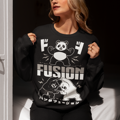 Unleash adorable power with this bold and playful Panda Fusion sweatshirt, where cute meets epic in the best way possible. Featuring a black bear and polar bear mid-transformation, this design captures a dynamic “fusion” moment inspired by anime energy, complete with action poses and stylized Japanese text for an extra punch of attitude. It’s the perfect blend of cute and powerful, making it ideal for fans of pandas, anime culture, martial arts themes, and clever parody designs.