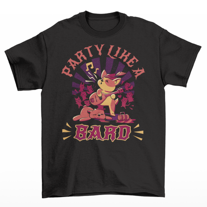 Black t-shirt of a dog playing the lute in a tavern with text "PARTY LIKE A BARD".